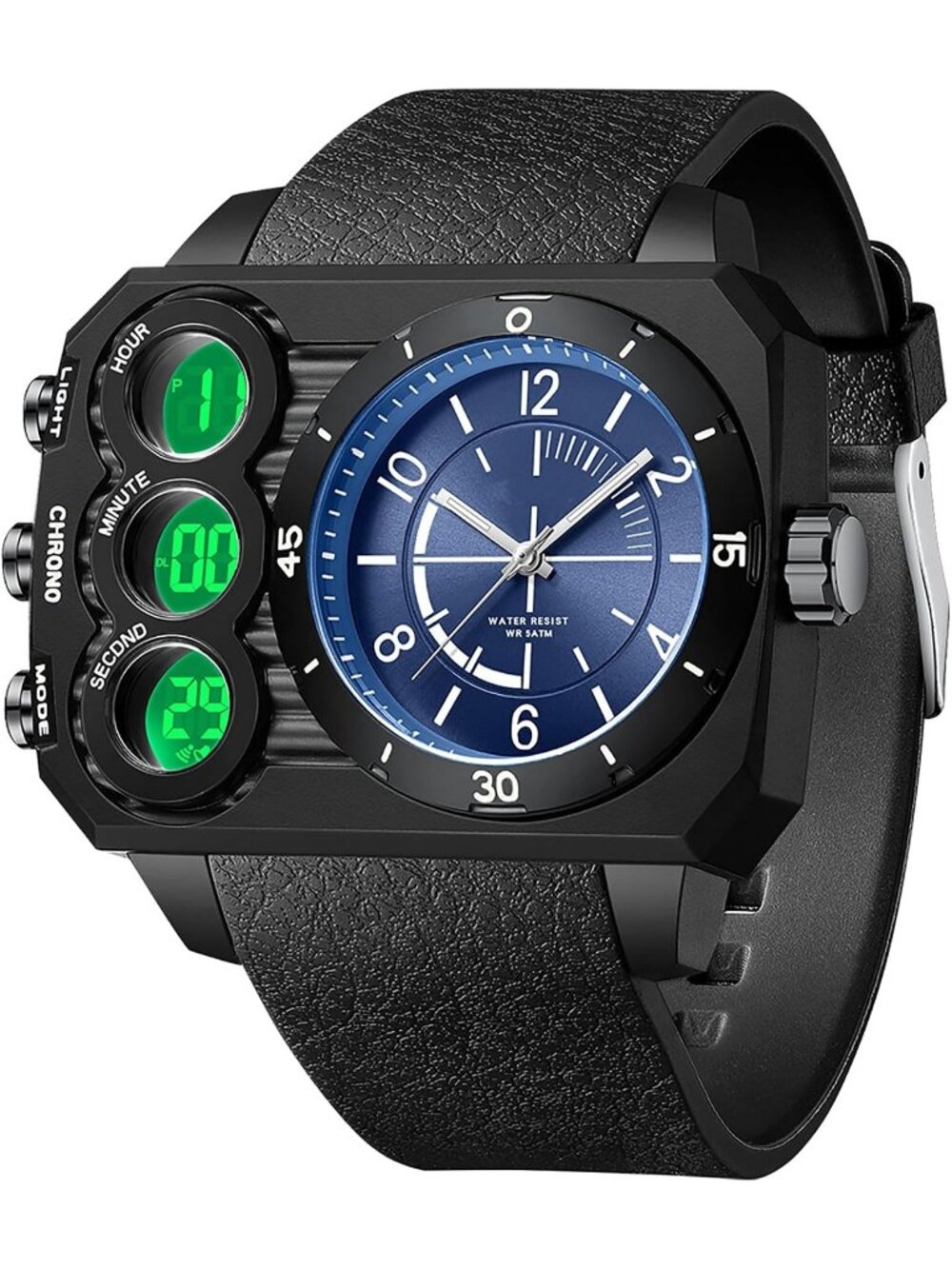 Men's Blue Square Large Face Cool LED Three Time Zone Countdown Wrist Watch